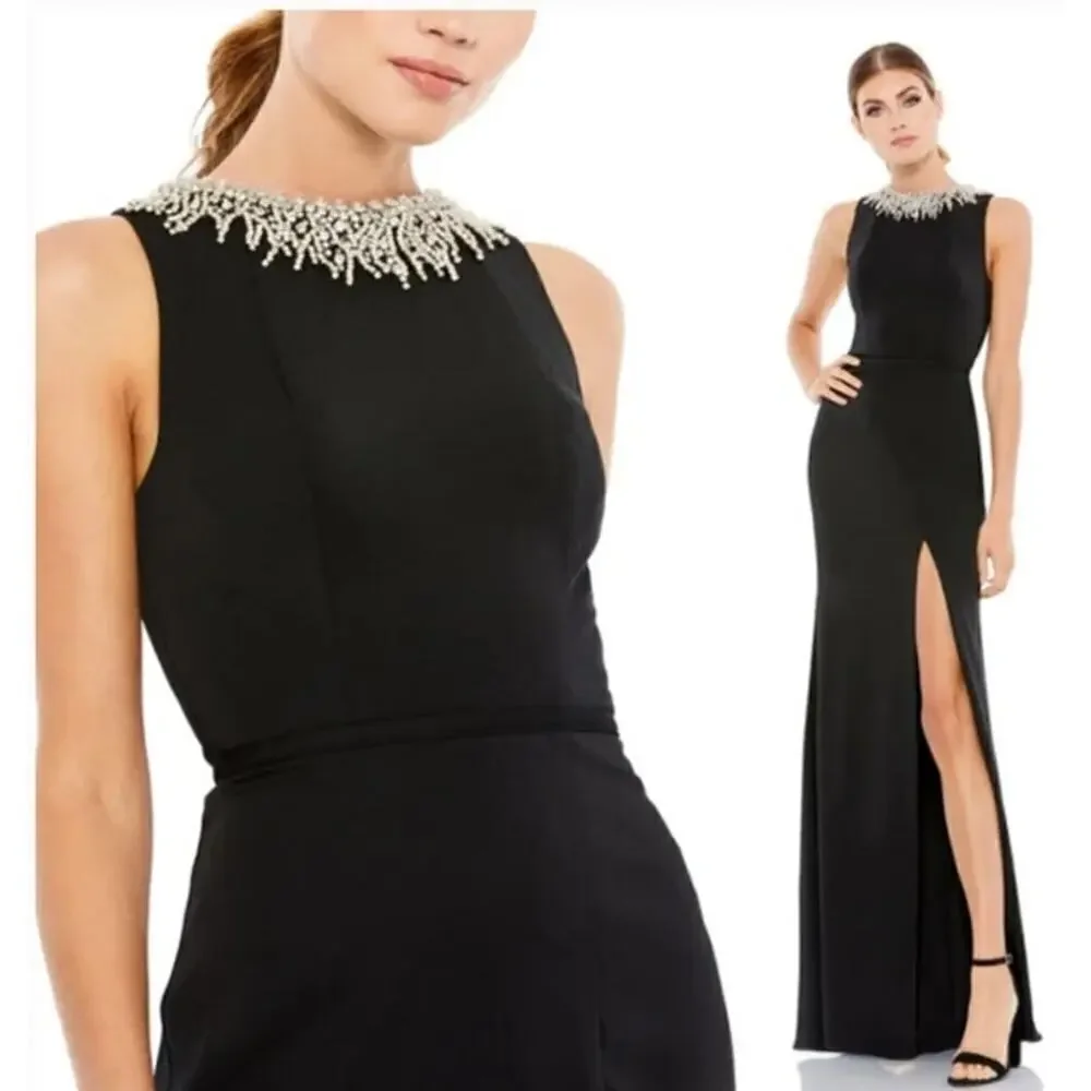 Ieena for Mac Duggal Dress Rhinestone Embellished Column Gown Maxi Black NWT 14